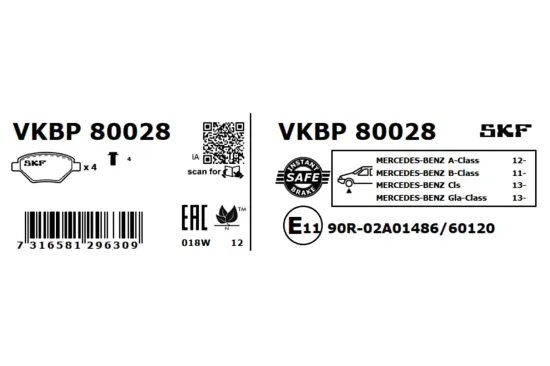 Bremsbelagsatz, Scheibenbremse Vorderachse SKF VKBP 80028 Bild Bremsbelagsatz, Scheibenbremse Vorderachse SKF VKBP 80028