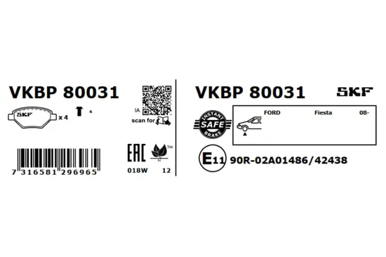 Bremsbelagsatz, Scheibenbremse Vorderachse SKF VKBP 80031 Bild Bremsbelagsatz, Scheibenbremse Vorderachse SKF VKBP 80031