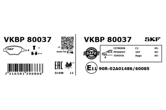 Bremsbelagsatz, Scheibenbremse SKF VKBP 80037 Bild Bremsbelagsatz, Scheibenbremse SKF VKBP 80037