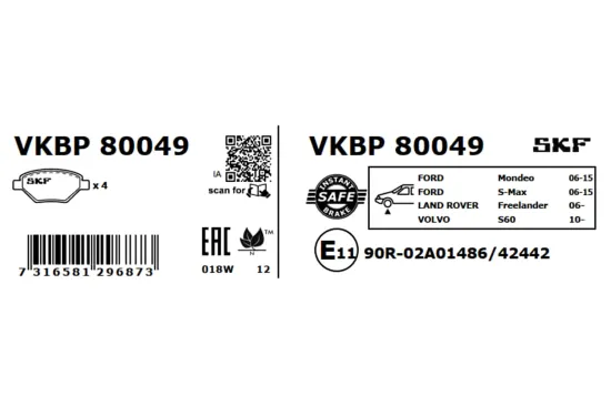 Bremsbelagsatz, Scheibenbremse Vorderachse SKF VKBP 80049 Bild Bremsbelagsatz, Scheibenbremse Vorderachse SKF VKBP 80049