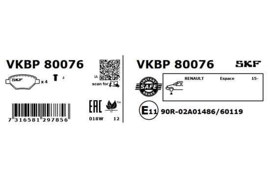 Bremsbelagsatz, Scheibenbremse Vorderachse SKF VKBP 80076 Bild Bremsbelagsatz, Scheibenbremse Vorderachse SKF VKBP 80076