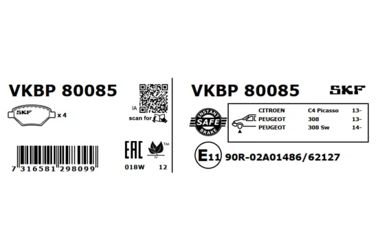 Bremsbelagsatz, Scheibenbremse SKF VKBP 80085 Bild Bremsbelagsatz, Scheibenbremse SKF VKBP 80085