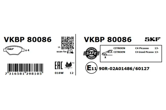 Bremsbelagsatz, Scheibenbremse SKF VKBP 80086 Bild Bremsbelagsatz, Scheibenbremse SKF VKBP 80086