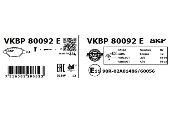 Bremsbelagsatz, Scheibenbremse SKF VKBP 80092 E Bild Bremsbelagsatz, Scheibenbremse SKF VKBP 80092 E