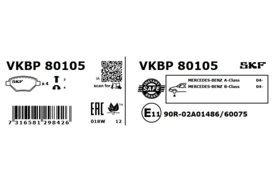 Bremsbelagsatz, Scheibenbremse Vorderachse SKF VKBP 80105 Bild Bremsbelagsatz, Scheibenbremse Vorderachse SKF VKBP 80105