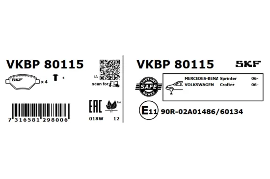 Bremsbelagsatz, Scheibenbremse Vorderachse SKF VKBP 80115 Bild Bremsbelagsatz, Scheibenbremse Vorderachse SKF VKBP 80115