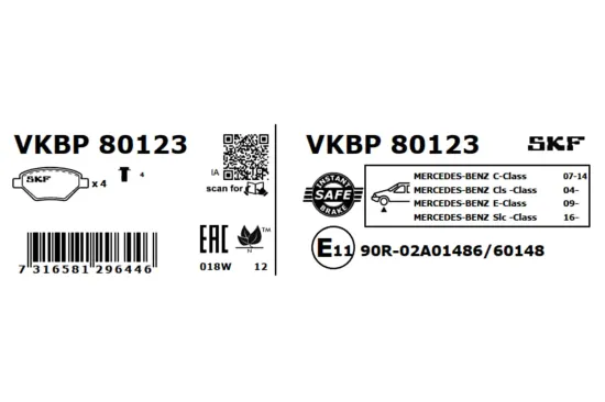 Bremsbelagsatz, Scheibenbremse Vorderachse SKF VKBP 80123 Bild Bremsbelagsatz, Scheibenbremse Vorderachse SKF VKBP 80123