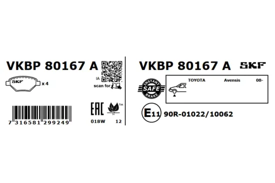 Bremsbelagsatz, Scheibenbremse Vorderachse SKF VKBP 80167 A Bild Bremsbelagsatz, Scheibenbremse Vorderachse SKF VKBP 80167 A