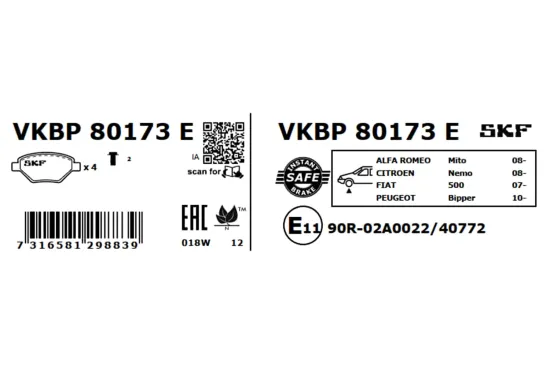 Bremsbelagsatz, Scheibenbremse Vorderachse SKF VKBP 80173 E Bild Bremsbelagsatz, Scheibenbremse Vorderachse SKF VKBP 80173 E