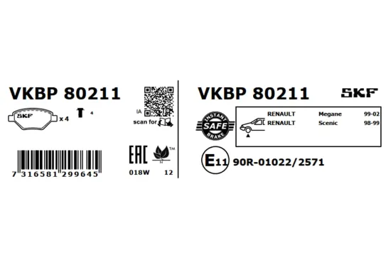 Bremsbelagsatz, Scheibenbremse Vorderachse SKF VKBP 80211 Bild Bremsbelagsatz, Scheibenbremse Vorderachse SKF VKBP 80211