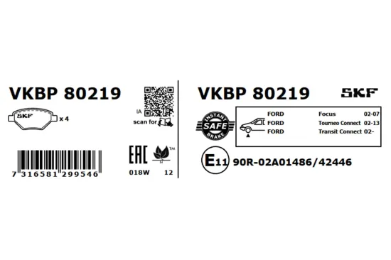 Bremsbelagsatz, Scheibenbremse Vorderachse SKF VKBP 80219 Bild Bremsbelagsatz, Scheibenbremse Vorderachse SKF VKBP 80219