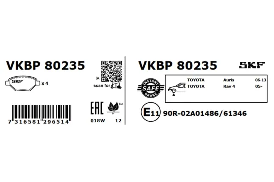 Bremsbelagsatz, Scheibenbremse Vorderachse SKF VKBP 80235 Bild Bremsbelagsatz, Scheibenbremse Vorderachse SKF VKBP 80235