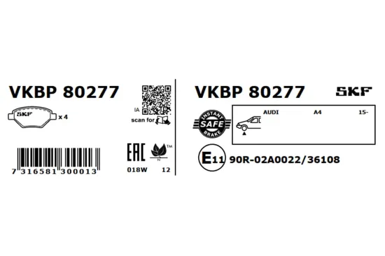 Bremsbelagsatz, Scheibenbremse Vorderachse SKF VKBP 80277 Bild Bremsbelagsatz, Scheibenbremse Vorderachse SKF VKBP 80277