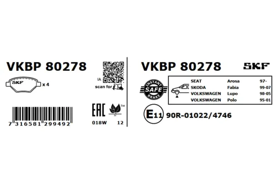 Bremsbelagsatz, Scheibenbremse Vorderachse SKF VKBP 80278 Bild Bremsbelagsatz, Scheibenbremse Vorderachse SKF VKBP 80278