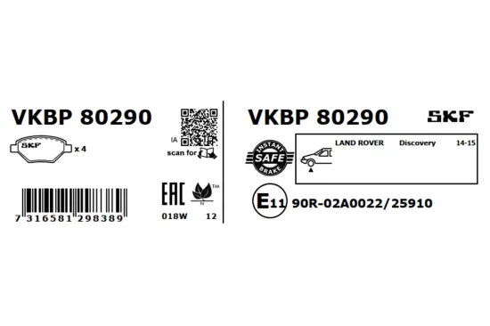 Bremsbelagsatz, Scheibenbremse Vorderachse SKF VKBP 80290 Bild Bremsbelagsatz, Scheibenbremse Vorderachse SKF VKBP 80290