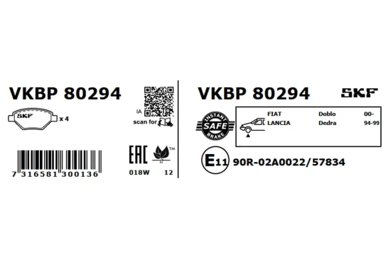 Bremsbelagsatz, Scheibenbremse Vorderachse SKF VKBP 80294 Bild Bremsbelagsatz, Scheibenbremse Vorderachse SKF VKBP 80294