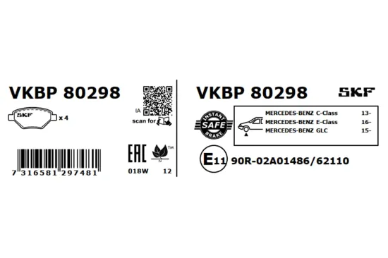 Bremsbelagsatz, Scheibenbremse Vorderachse SKF VKBP 80298 Bild Bremsbelagsatz, Scheibenbremse Vorderachse SKF VKBP 80298