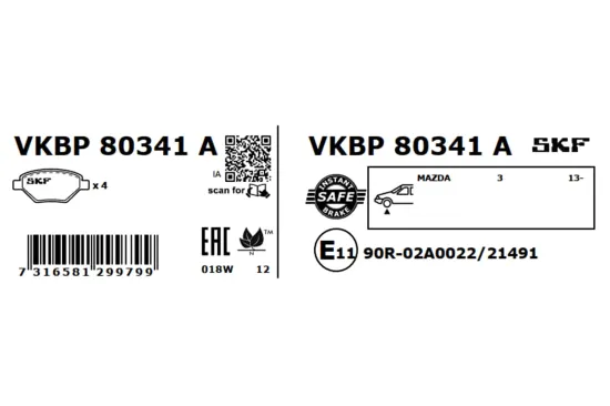 Bremsbelagsatz, Scheibenbremse Vorderachse SKF VKBP 80341 A Bild Bremsbelagsatz, Scheibenbremse Vorderachse SKF VKBP 80341 A