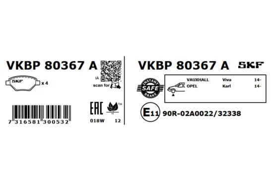 Bremsbelagsatz, Scheibenbremse Vorderachse SKF VKBP 80367 A Bild Bremsbelagsatz, Scheibenbremse Vorderachse SKF VKBP 80367 A