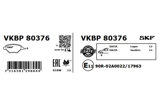 Bremsbelagsatz, Scheibenbremse SKF VKBP 80376 Bild Bremsbelagsatz, Scheibenbremse SKF VKBP 80376