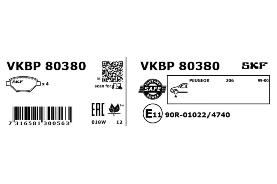 Bremsbelagsatz, Scheibenbremse Vorderachse SKF VKBP 80380 Bild Bremsbelagsatz, Scheibenbremse Vorderachse SKF VKBP 80380