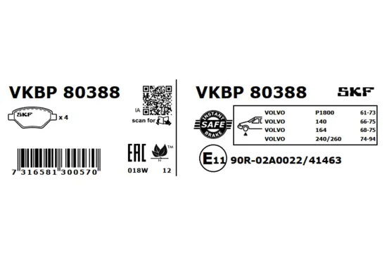 Bremsbelagsatz, Scheibenbremse SKF VKBP 80388 Bild Bremsbelagsatz, Scheibenbremse SKF VKBP 80388