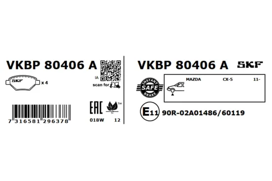 Bremsbelagsatz, Scheibenbremse Vorderachse SKF VKBP 80406 A Bild Bremsbelagsatz, Scheibenbremse Vorderachse SKF VKBP 80406 A