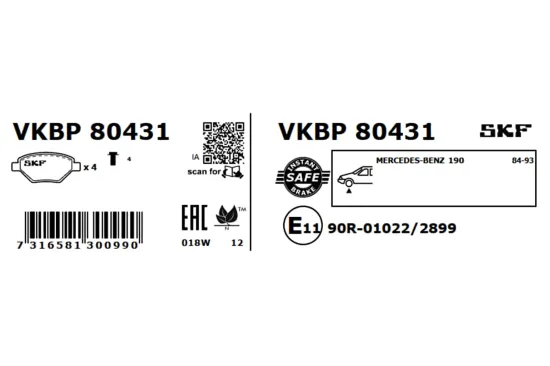 Bremsbelagsatz, Scheibenbremse Vorderachse SKF VKBP 80431 Bild Bremsbelagsatz, Scheibenbremse Vorderachse SKF VKBP 80431