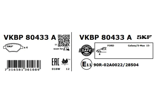 Bremsbelagsatz, Scheibenbremse Vorderachse SKF VKBP 80433 A Bild Bremsbelagsatz, Scheibenbremse Vorderachse SKF VKBP 80433 A