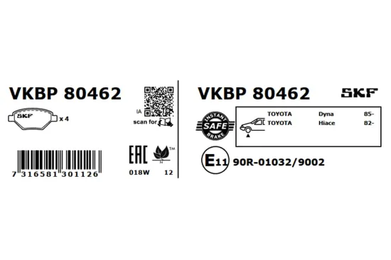 Bremsbelagsatz, Scheibenbremse Vorderachse SKF VKBP 80462 Bild Bremsbelagsatz, Scheibenbremse Vorderachse SKF VKBP 80462