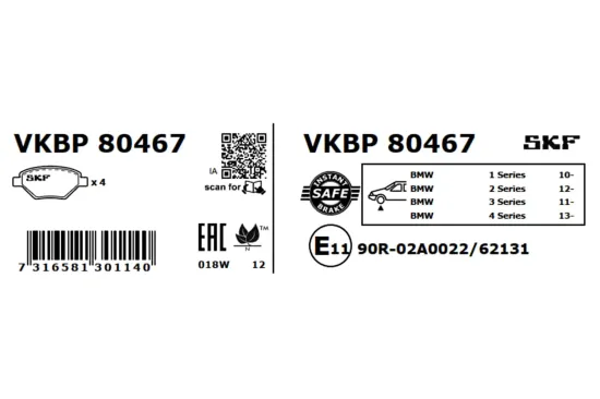 Bremsbelagsatz, Scheibenbremse Vorderachse SKF VKBP 80467 Bild Bremsbelagsatz, Scheibenbremse Vorderachse SKF VKBP 80467