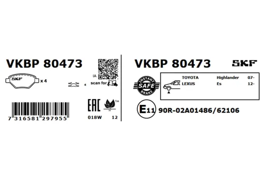 Bremsbelagsatz, Scheibenbremse Vorderachse SKF VKBP 80473 Bild Bremsbelagsatz, Scheibenbremse Vorderachse SKF VKBP 80473