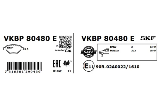 Bremsbelagsatz, Scheibenbremse SKF VKBP 80480 E Bild Bremsbelagsatz, Scheibenbremse SKF VKBP 80480 E