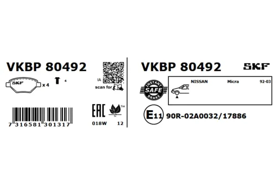 Bremsbelagsatz, Scheibenbremse SKF VKBP 80492 Bild Bremsbelagsatz, Scheibenbremse SKF VKBP 80492