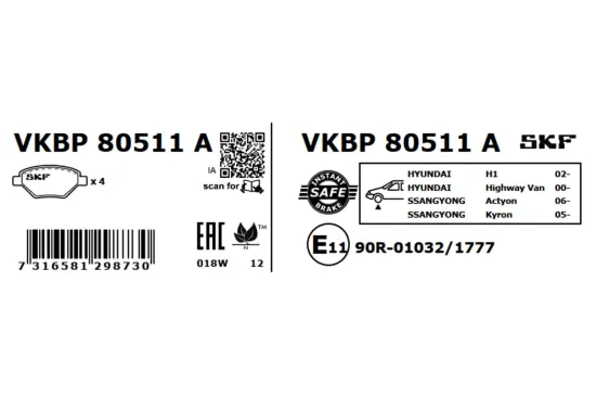 Bremsbelagsatz, Scheibenbremse Vorderachse SKF VKBP 80511 A Bild Bremsbelagsatz, Scheibenbremse Vorderachse SKF VKBP 80511 A