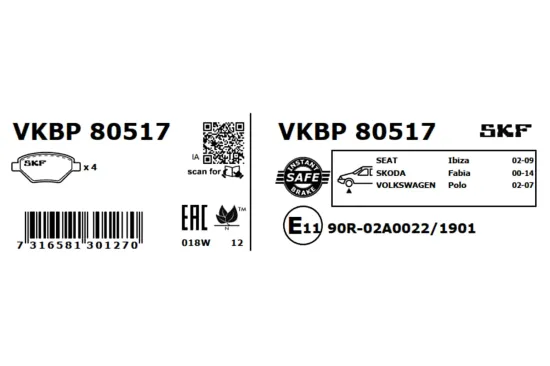 Bremsbelagsatz, Scheibenbremse Vorderachse SKF VKBP 80517 Bild Bremsbelagsatz, Scheibenbremse Vorderachse SKF VKBP 80517