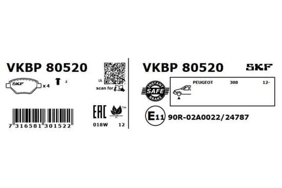 Bremsbelagsatz, Scheibenbremse SKF VKBP 80520 Bild Bremsbelagsatz, Scheibenbremse SKF VKBP 80520