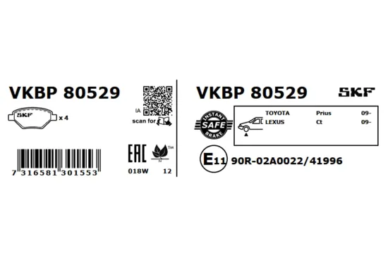 Bremsbelagsatz, Scheibenbremse Vorderachse SKF VKBP 80529 Bild Bremsbelagsatz, Scheibenbremse Vorderachse SKF VKBP 80529