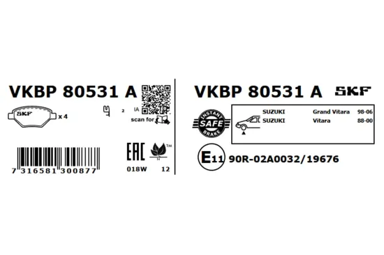 Bremsbelagsatz, Scheibenbremse Vorderachse SKF VKBP 80531 A Bild Bremsbelagsatz, Scheibenbremse Vorderachse SKF VKBP 80531 A