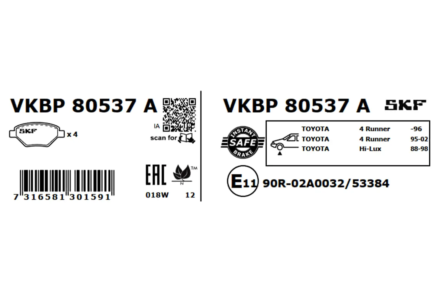 Bremsbelagsatz, Scheibenbremse SKF VKBP 80537 A Bild Bremsbelagsatz, Scheibenbremse SKF VKBP 80537 A