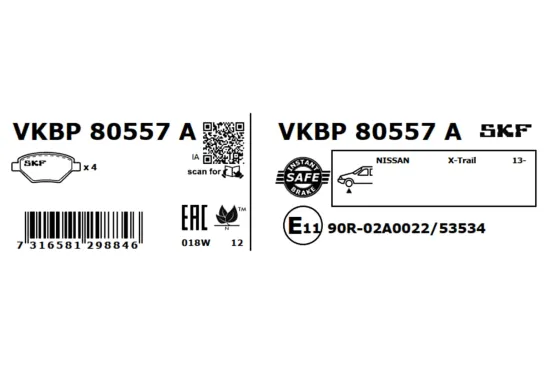 Bremsbelagsatz, Scheibenbremse Vorderachse SKF VKBP 80557 A Bild Bremsbelagsatz, Scheibenbremse Vorderachse SKF VKBP 80557 A