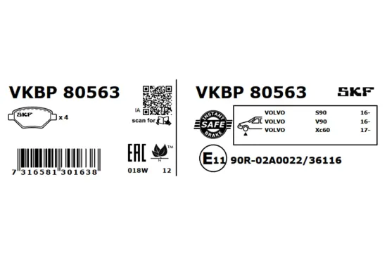 Bremsbelagsatz, Scheibenbremse SKF VKBP 80563 Bild Bremsbelagsatz, Scheibenbremse SKF VKBP 80563