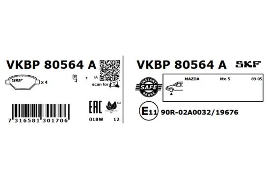 Bremsbelagsatz, Scheibenbremse Vorderachse SKF VKBP 80564 A Bild Bremsbelagsatz, Scheibenbremse Vorderachse SKF VKBP 80564 A