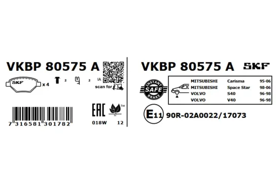 Bremsbelagsatz, Scheibenbremse SKF VKBP 80575 A Bild Bremsbelagsatz, Scheibenbremse SKF VKBP 80575 A