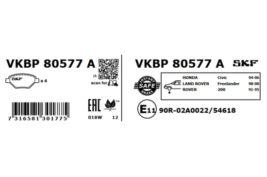 Bremsbelagsatz, Scheibenbremse Vorderachse SKF VKBP 80577 A Bild Bremsbelagsatz, Scheibenbremse Vorderachse SKF VKBP 80577 A