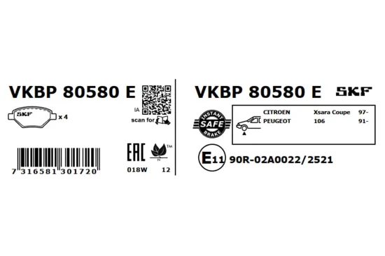 Bremsbelagsatz, Scheibenbremse SKF VKBP 80580 E Bild Bremsbelagsatz, Scheibenbremse SKF VKBP 80580 E