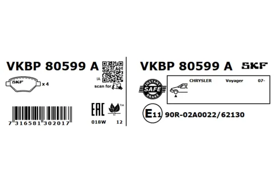 Bremsbelagsatz, Scheibenbremse Vorderachse SKF VKBP 80599 A Bild Bremsbelagsatz, Scheibenbremse Vorderachse SKF VKBP 80599 A