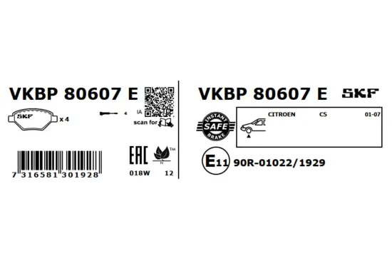 Bremsbelagsatz, Scheibenbremse Vorderachse SKF VKBP 80607 E Bild Bremsbelagsatz, Scheibenbremse Vorderachse SKF VKBP 80607 E