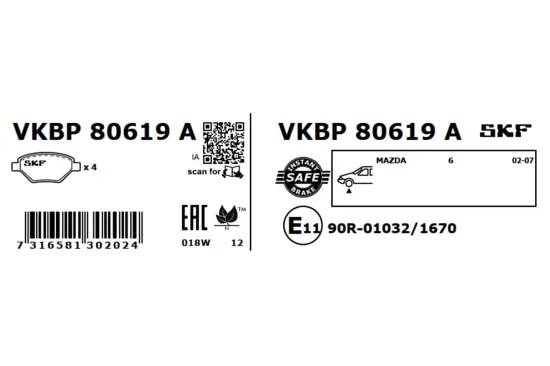 Bremsbelagsatz, Scheibenbremse Vorderachse SKF VKBP 80619 A Bild Bremsbelagsatz, Scheibenbremse Vorderachse SKF VKBP 80619 A