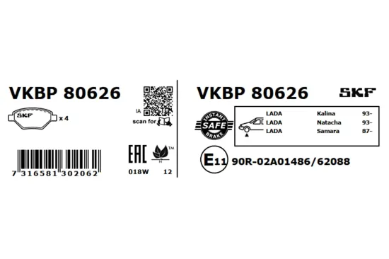 Bremsbelagsatz, Scheibenbremse Vorderachse SKF VKBP 80626 Bild Bremsbelagsatz, Scheibenbremse Vorderachse SKF VKBP 80626